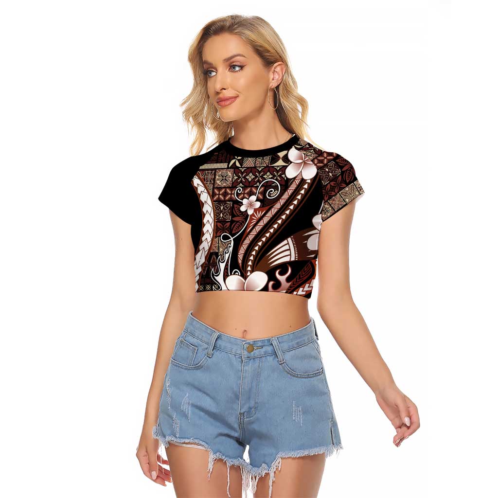 Samoa Siapo Tribal Pattern Raglan Cropped T Shirt Brown Polynesian Plumeria Tapa Motif