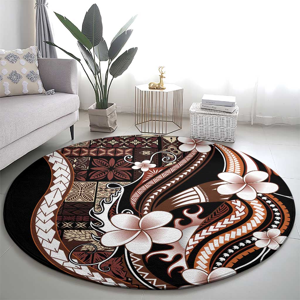 Samoa Siapo Tribal Pattern Round Carpet Brown Polynesian Plumeria Tapa Motif