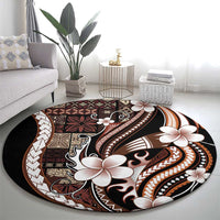Samoa Siapo Tribal Pattern Round Carpet Brown Polynesian Plumeria Tapa Motif