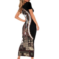 Samoa Siapo Tribal Pattern Short Sleeve Bodycon Dress Brown Polynesian Plumeria Tapa Motif