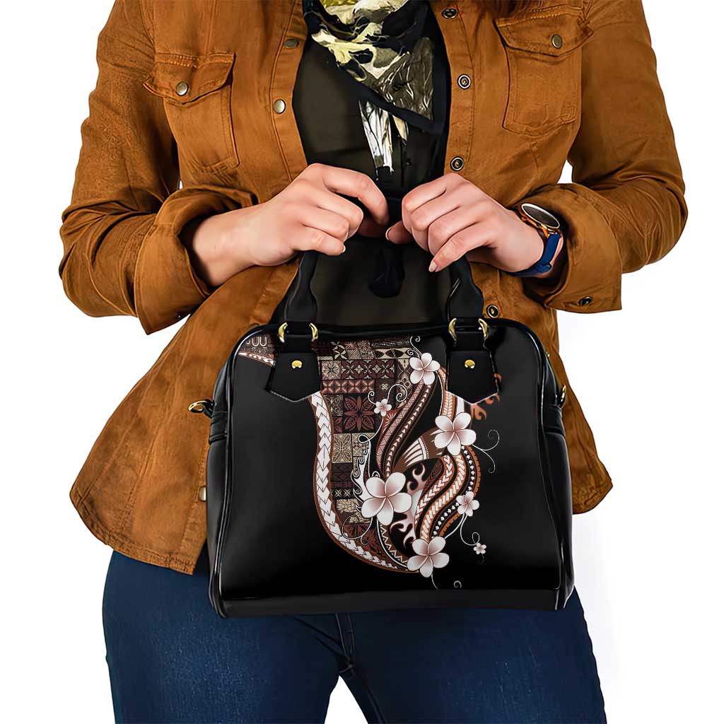 Samoa Siapo Tribal Pattern Shoulder Handbag Brown Polynesian Plumeria Tapa Motif
