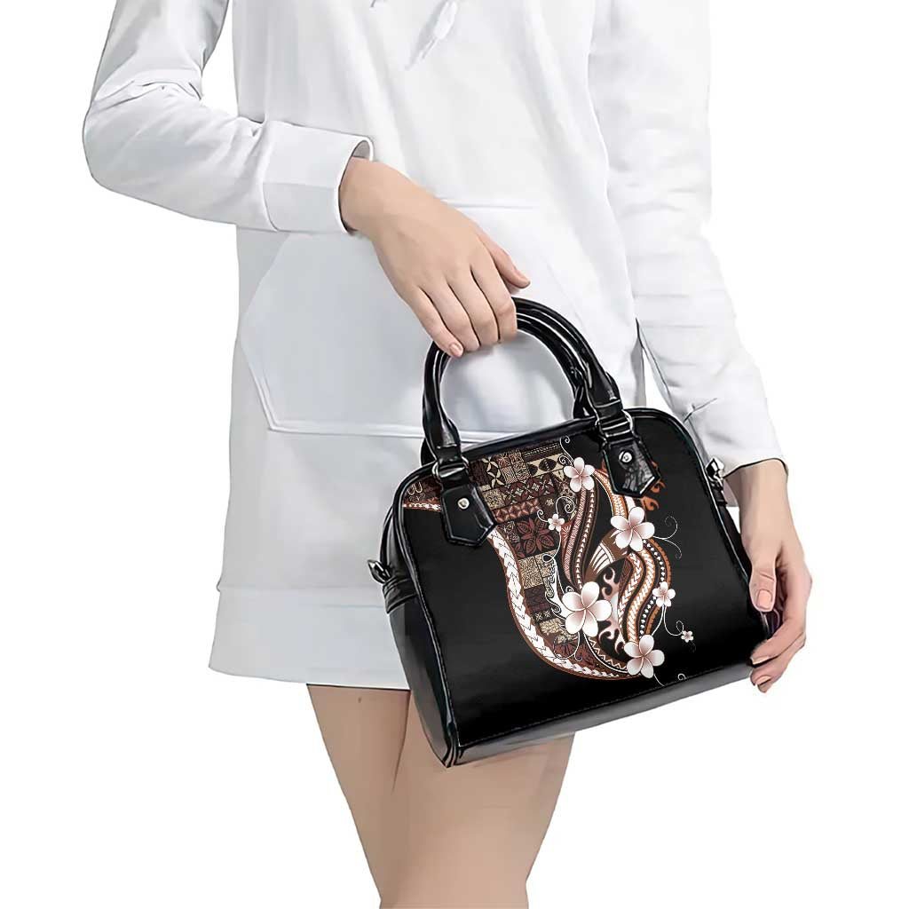 Samoa Siapo Tribal Pattern Shoulder Handbag Brown Polynesian Plumeria Tapa Motif