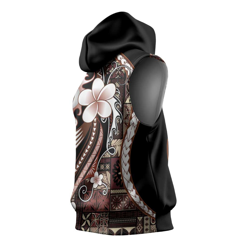 Samoa Siapo Tribal Pattern Sleeveless Hoodie Brown Polynesian Plumeria Tapa Motif