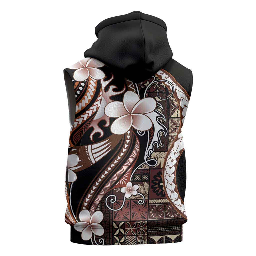 Samoa Siapo Tribal Pattern Sleeveless Zip Hoodie Brown Polynesian Plumeria Tapa Motif