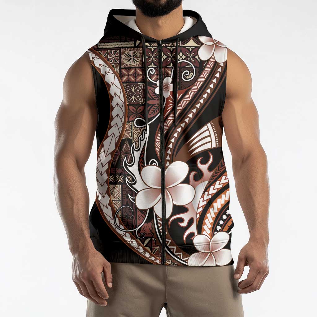 Samoa Siapo Tribal Pattern Sleeveless Zip Hoodie Brown Polynesian Plumeria Tapa Motif