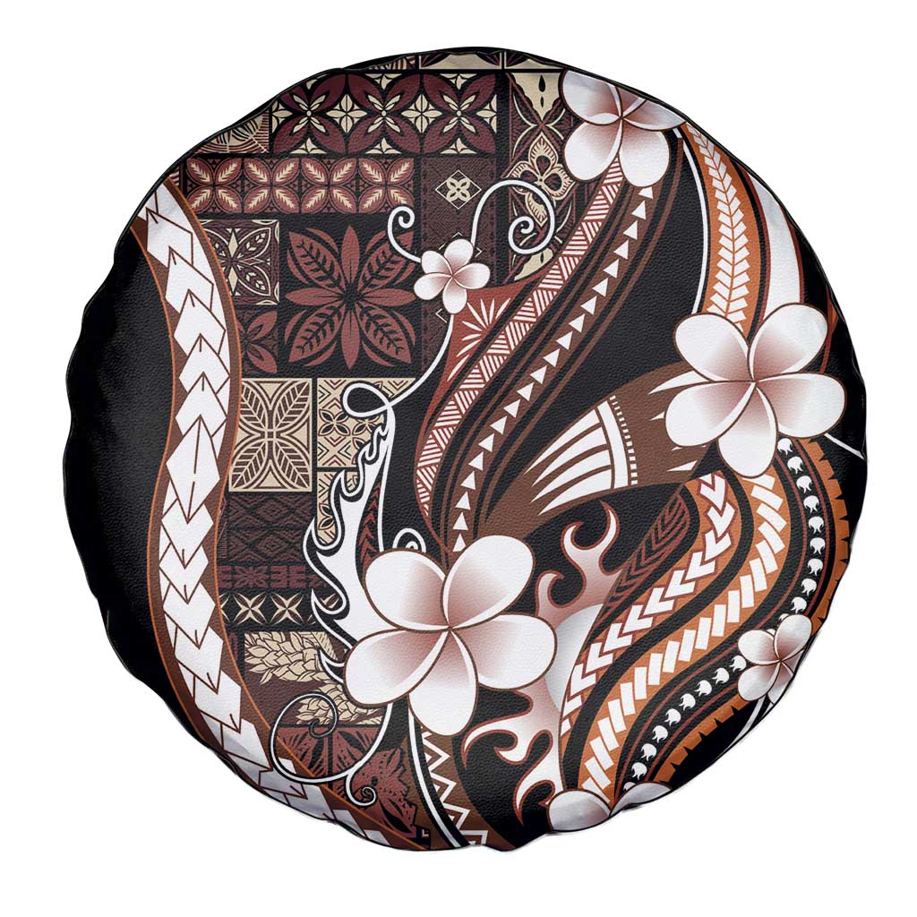 Samoa Siapo Tribal Pattern Spare Tire Cover Brown Polynesian Plumeria Tapa Motif