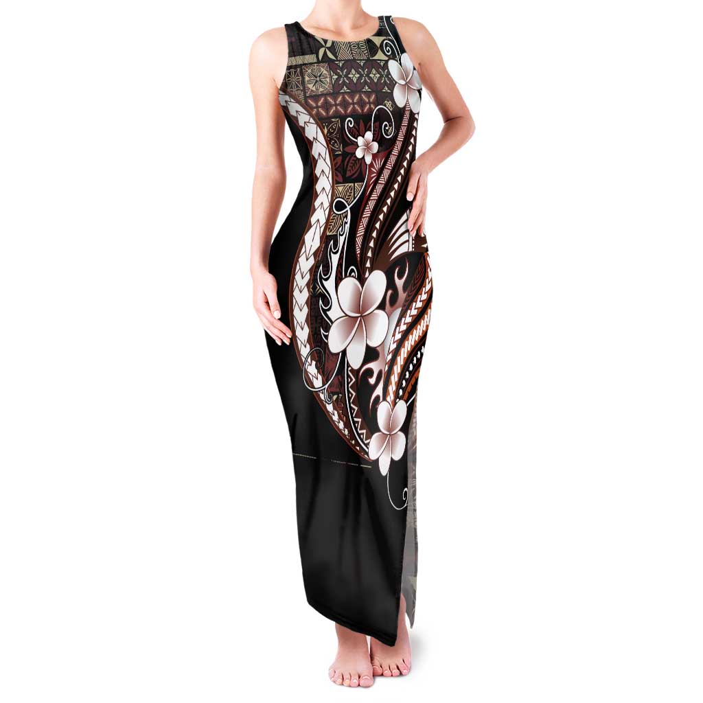 Samoa Siapo Tribal Pattern Tank Maxi Dress Brown Polynesian Plumeria Tapa Motif
