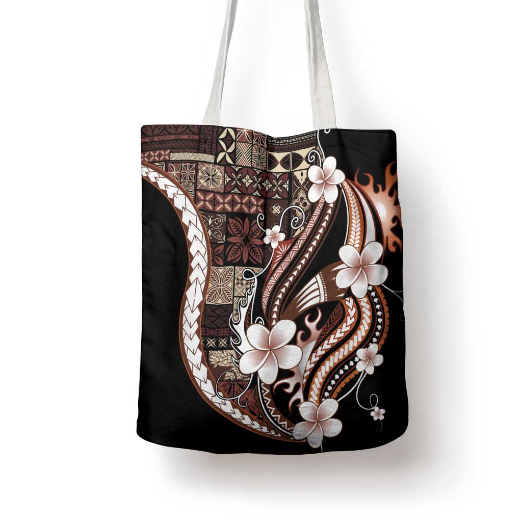 Samoa Siapo Tribal Pattern Tote Bag Brown Polynesian Plumeria Tapa Motif