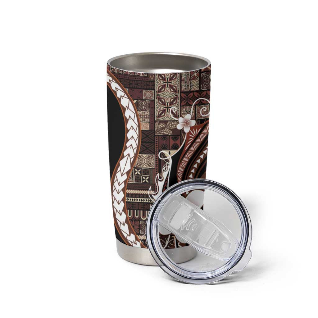 Samoa Siapo Tribal Pattern Tumbler Cup Brown Polynesian Plumeria Tapa Motif