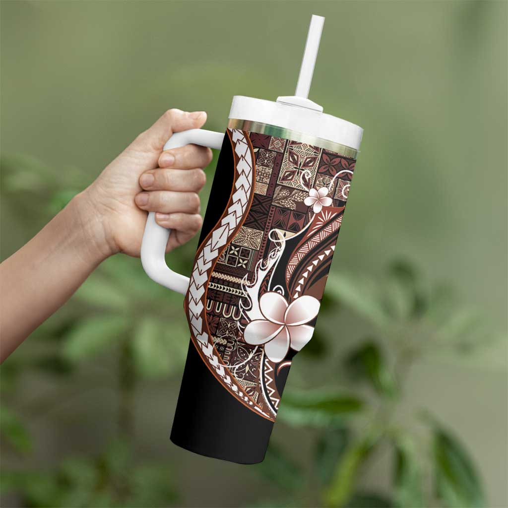 Samoa Siapo Tribal Pattern Tumbler With Handle Brown Polynesian Plumeria Tapa Motif
