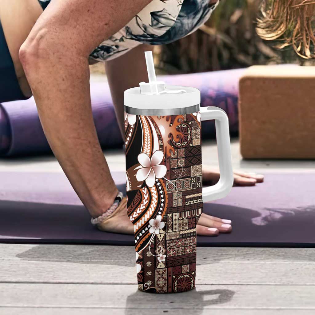 Samoa Siapo Tribal Pattern Tumbler With Handle Brown Polynesian Plumeria Tapa Motif