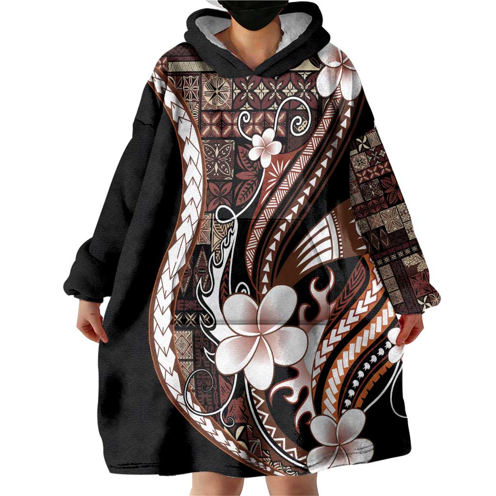 Samoa Siapo Tribal Pattern Wearable Blanket Hoodie Brown Polynesian Plumeria Tapa Motif