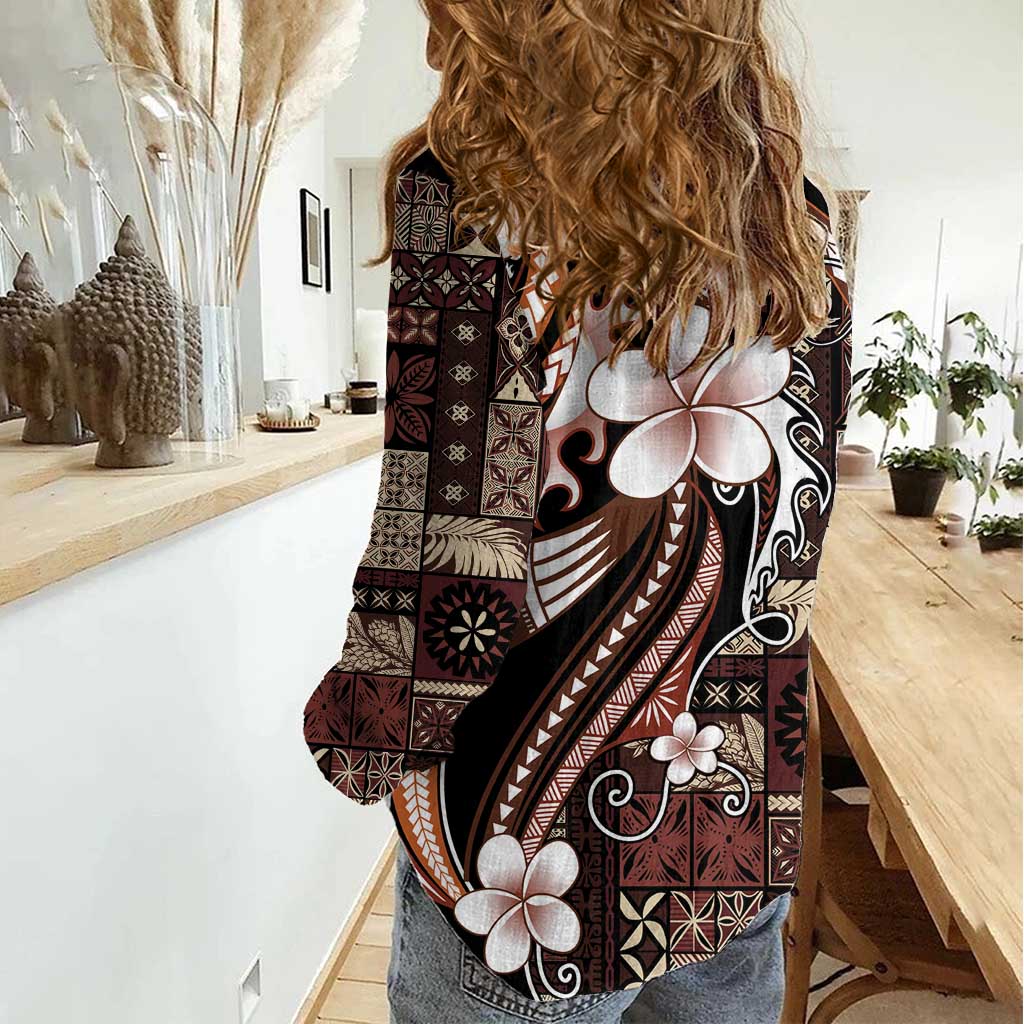 Samoa Siapo Tribal Pattern Women Casual Shirt Brown Polynesian Plumeria Tapa Motif