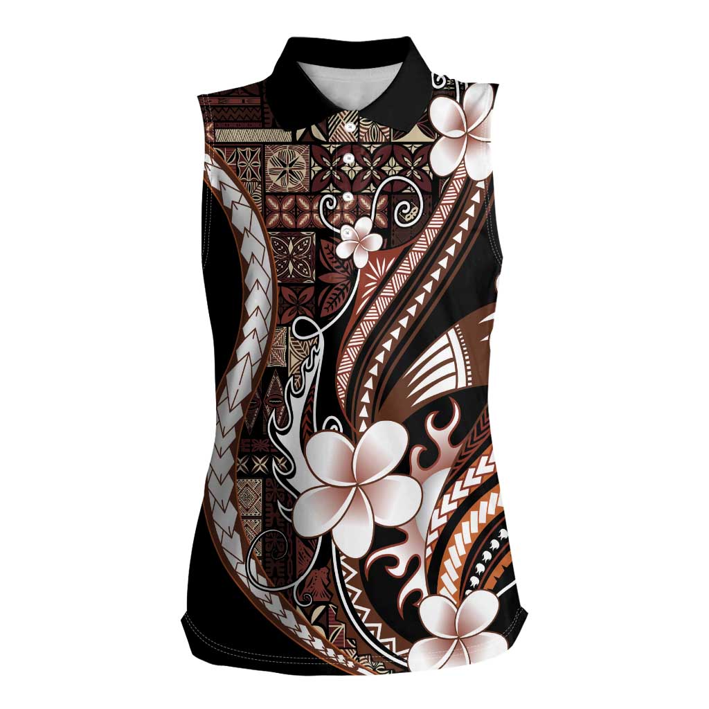 Samoa Siapo Tribal Pattern Women Sleeveless Polo Shirt Brown Polynesian Plumeria Tapa Motif