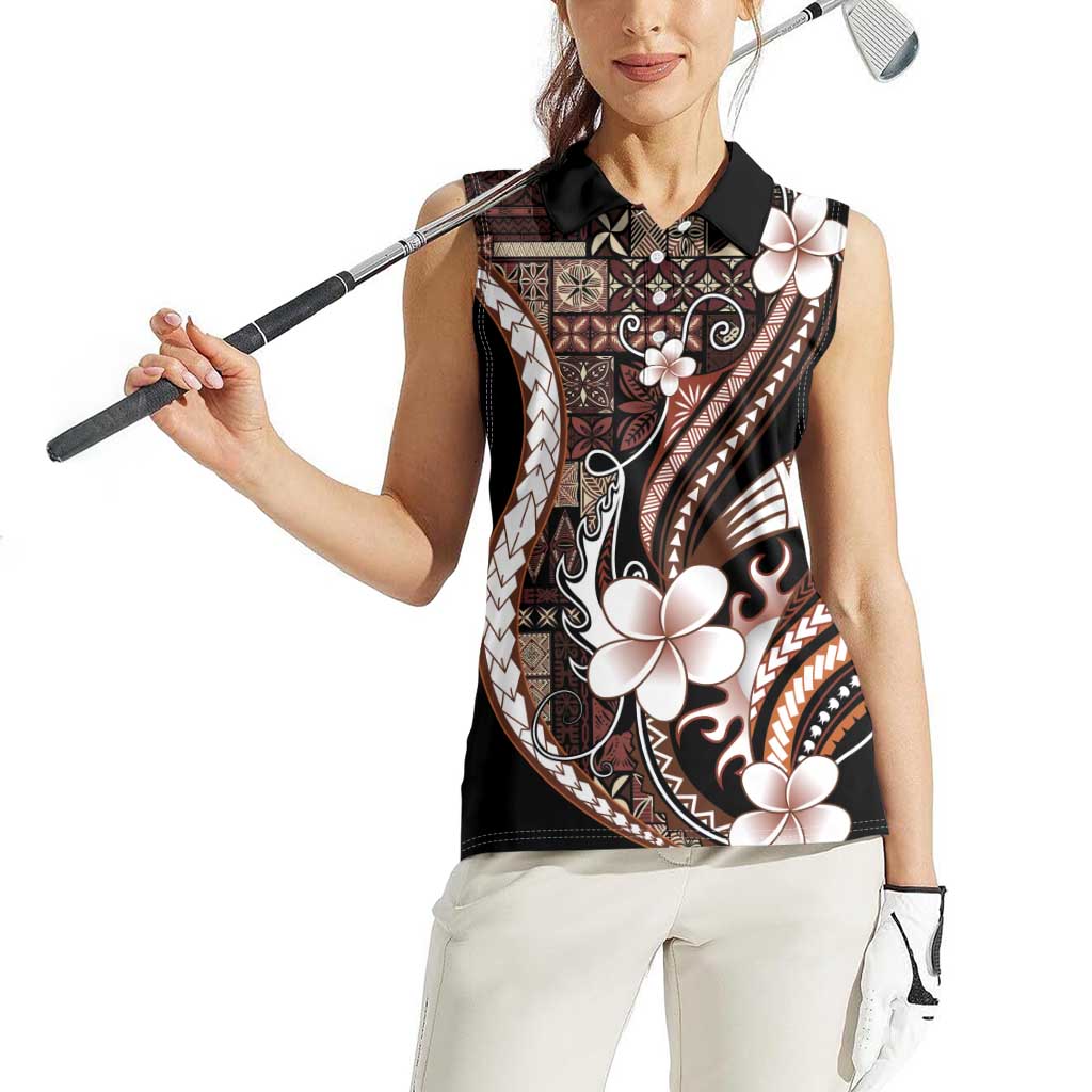 Samoa Siapo Tribal Pattern Women Sleeveless Polo Shirt Brown Polynesian Plumeria Tapa Motif