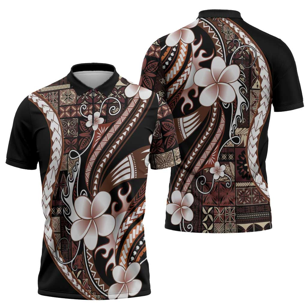 Samoa Siapo Tribal Pattern Zipper Polo Shirt Brown Polynesian Plumeria Tapa Motif