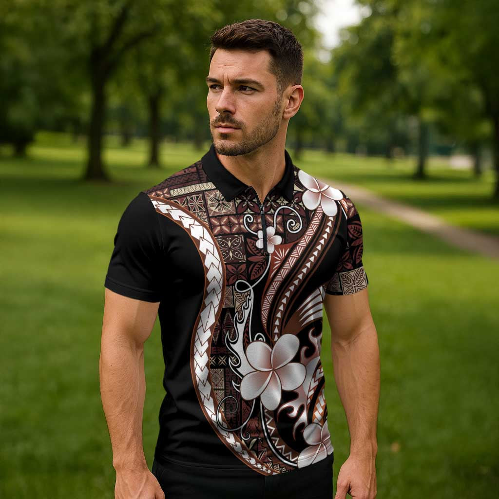 Samoa Siapo Tribal Pattern Zipper Polo Shirt Brown Polynesian Plumeria Tapa Motif