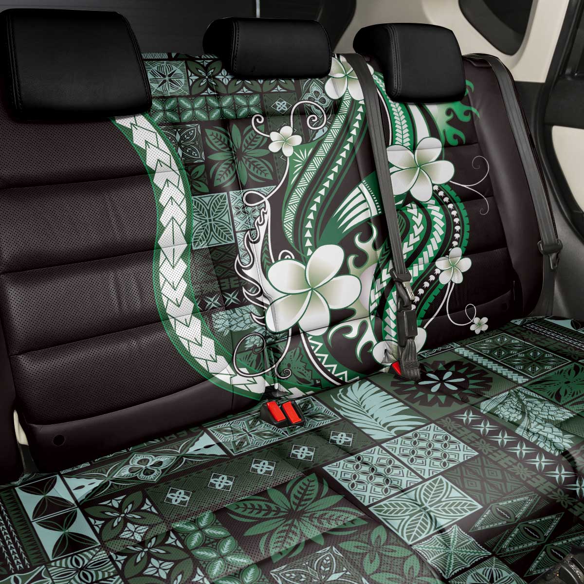Samoa Siapo Tribal Pattern Back Car Seat Cover Forest Green Polynesian Plumeria Tapa Motif