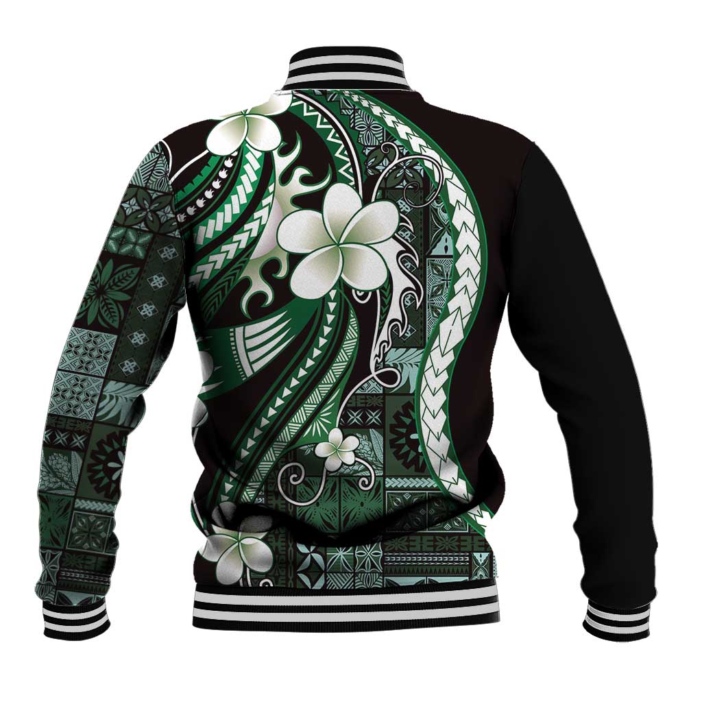 Samoa Siapo Tribal Pattern Baseball Jacket Forest Green Polynesian Plumeria Tapa Motif