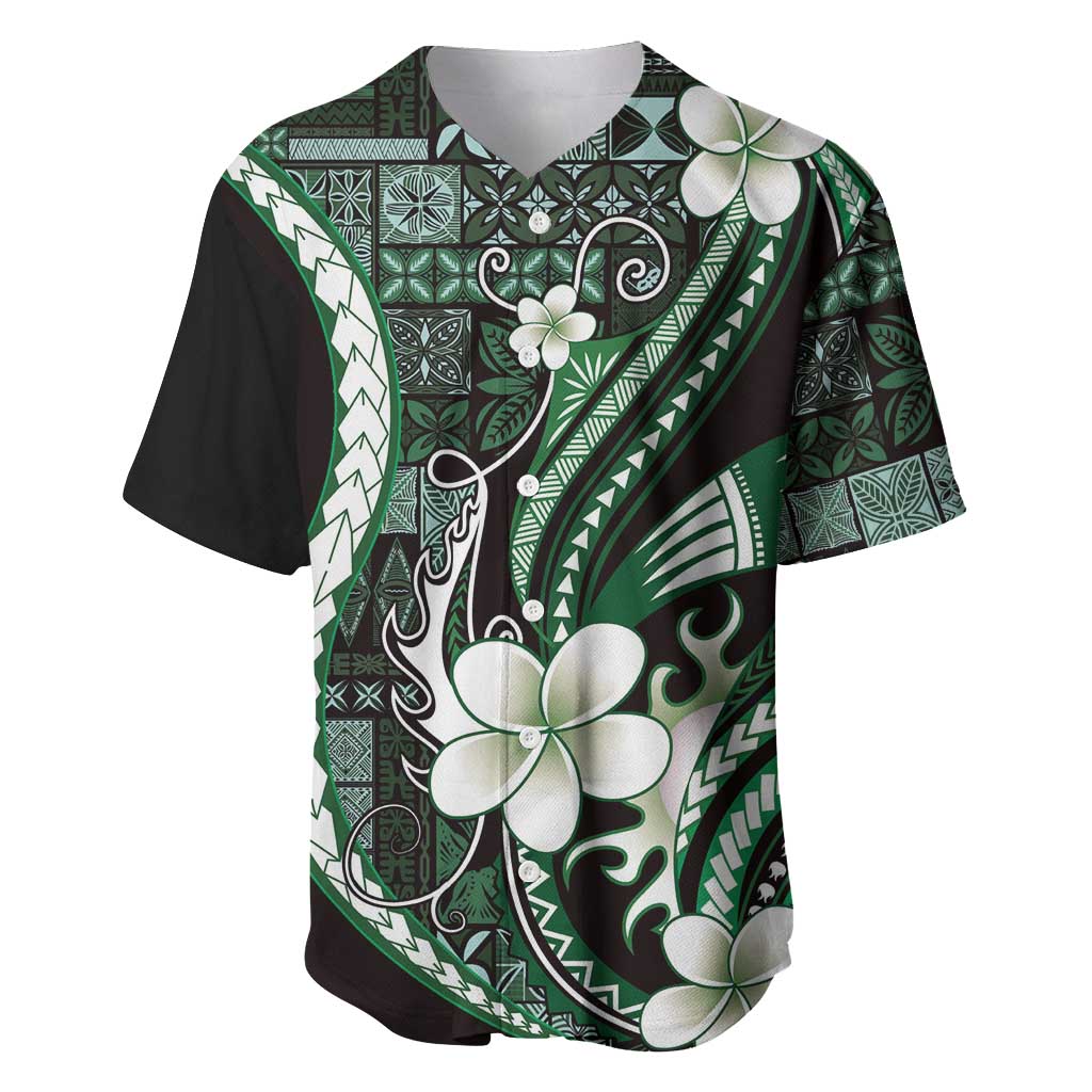 Samoa Siapo Tribal Pattern Baseball Jersey Forest Green Polynesian Plumeria Tapa Motif