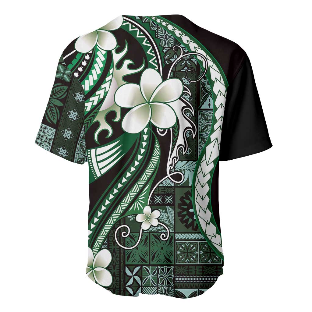 Samoa Siapo Tribal Pattern Baseball Jersey Forest Green Polynesian Plumeria Tapa Motif