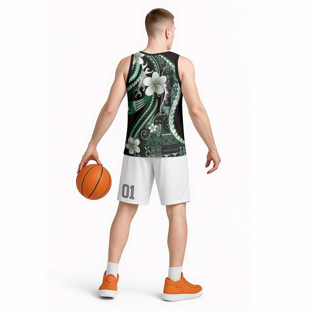 Samoa Siapo Tribal Pattern Basketball Jersey Forest Green Polynesian Plumeria Tapa Motif