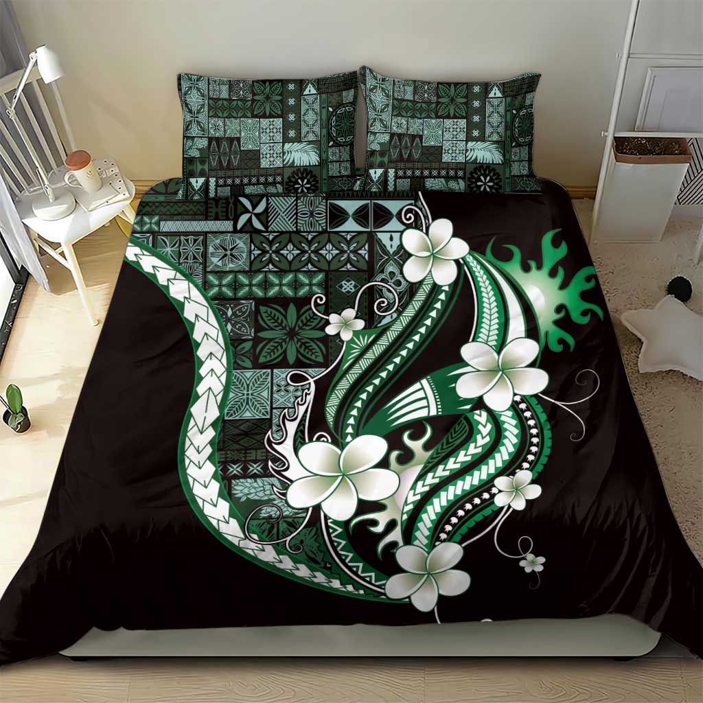 Samoa Siapo Tribal Pattern Bedding Set Forest Green Polynesian Plumeria Tapa Motif