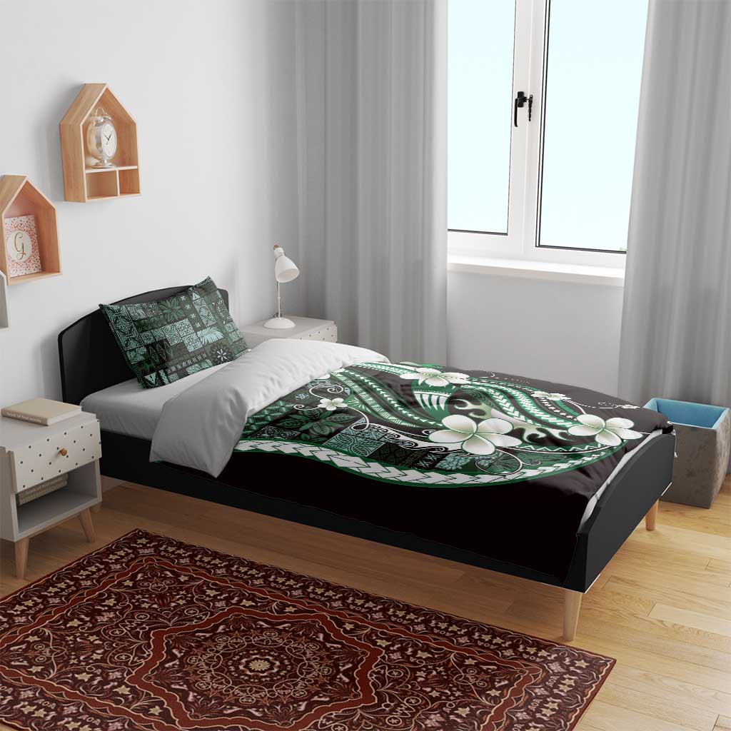 Samoa Siapo Tribal Pattern Bedding Set Forest Green Polynesian Plumeria Tapa Motif