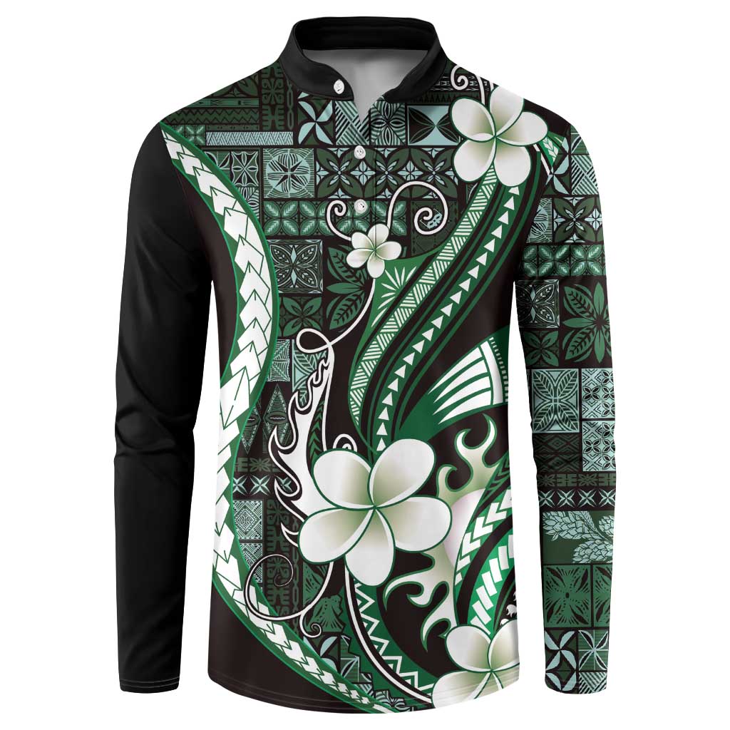 Samoa Siapo Tribal Pattern Button Sweatshirt Forest Green Polynesian Plumeria Tapa Motif