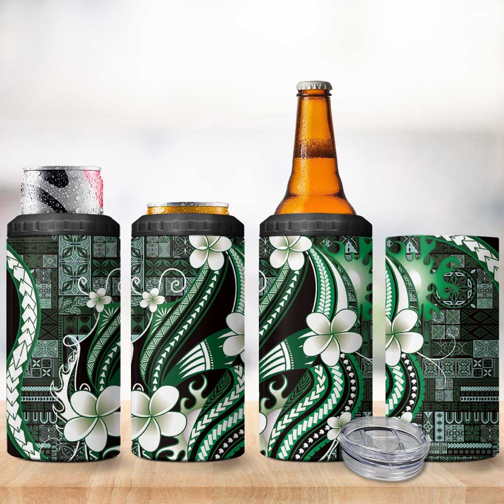 Samoa Siapo Tribal Pattern 4 in 1 Can Cooler Tumbler Forest Green Polynesian Plumeria Tapa Motif