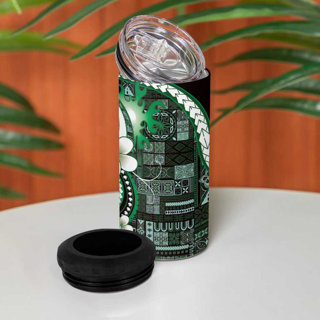 Samoa Siapo Tribal Pattern 4 in 1 Can Cooler Tumbler Forest Green Polynesian Plumeria Tapa Motif