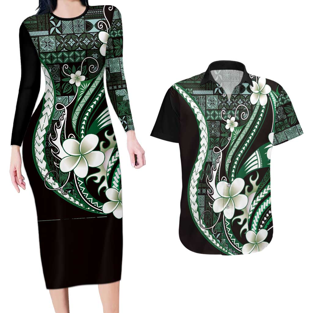 Samoa Siapo Tribal Pattern Couples Matching Long Sleeve Bodycon Dress and Hawaiian Shirt Forest Green Polynesian Plumeria Tapa Motif