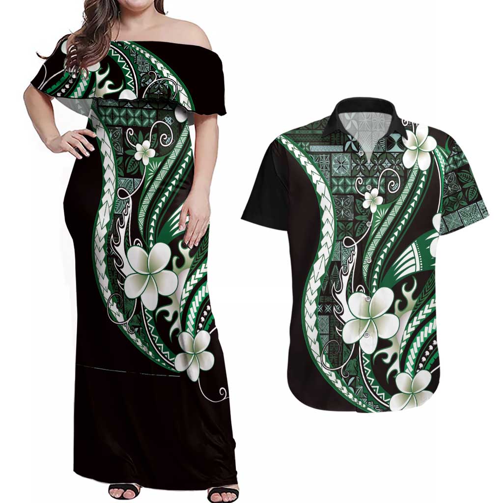 Samoa Siapo Tribal Pattern Couples Matching Off Shoulder Maxi Dress and Hawaiian Shirt Forest Green Polynesian Plumeria Tapa Motif