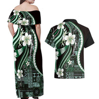 Samoa Siapo Tribal Pattern Couples Matching Off Shoulder Maxi Dress and Hawaiian Shirt Forest Green Polynesian Plumeria Tapa Motif