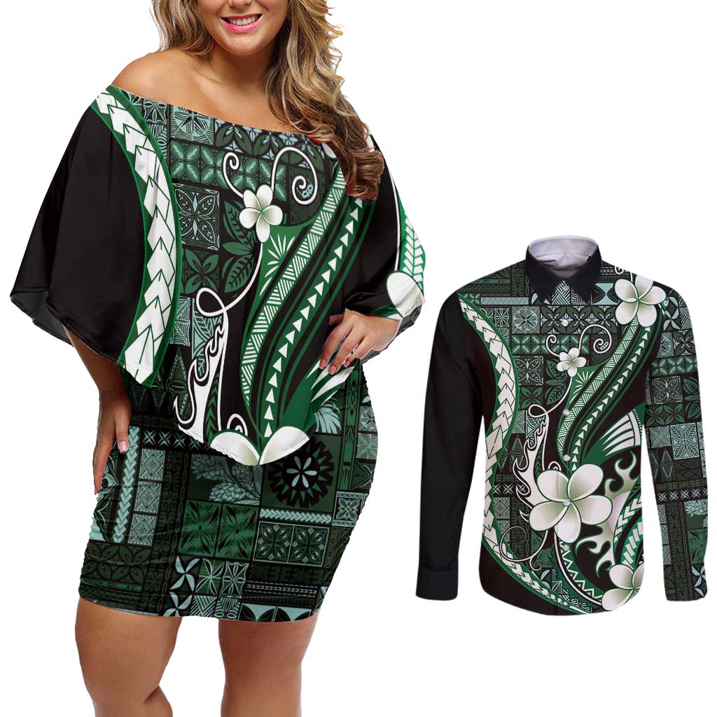 Samoa Siapo Tribal Pattern Couples Matching Off Shoulder Short Dress and Long Sleeve Button Shirt Forest Green Polynesian Plumeria Tapa Motif
