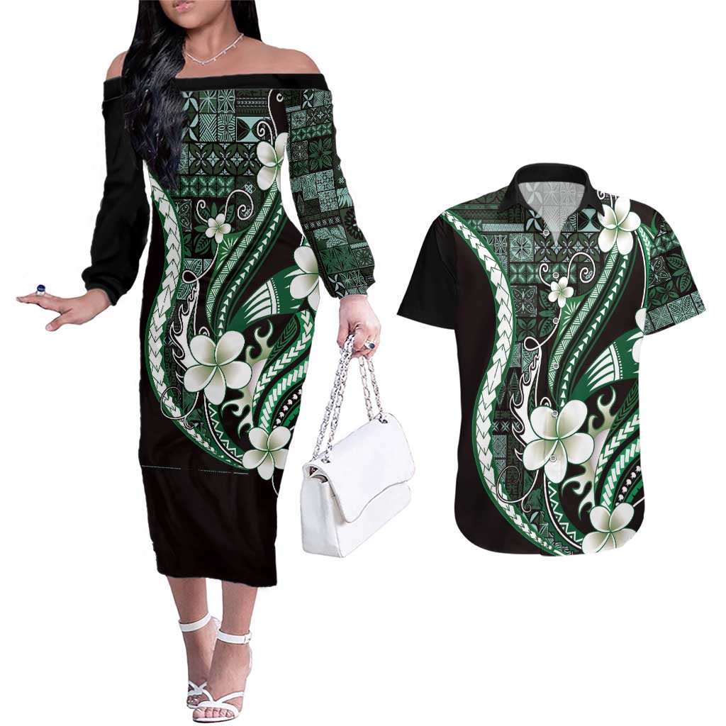 Samoa Siapo Tribal Pattern Couples Matching Off The Shoulder Long Sleeve Dress and Hawaiian Shirt Forest Green Polynesian Plumeria Tapa Motif