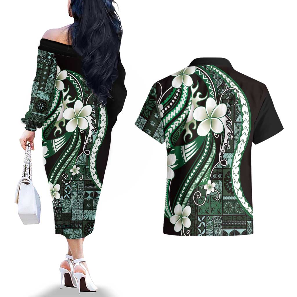 Samoa Siapo Tribal Pattern Couples Matching Off The Shoulder Long Sleeve Dress and Hawaiian Shirt Forest Green Polynesian Plumeria Tapa Motif