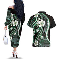 Samoa Siapo Tribal Pattern Couples Matching Off The Shoulder Long Sleeve Dress and Hawaiian Shirt Forest Green Polynesian Plumeria Tapa Motif