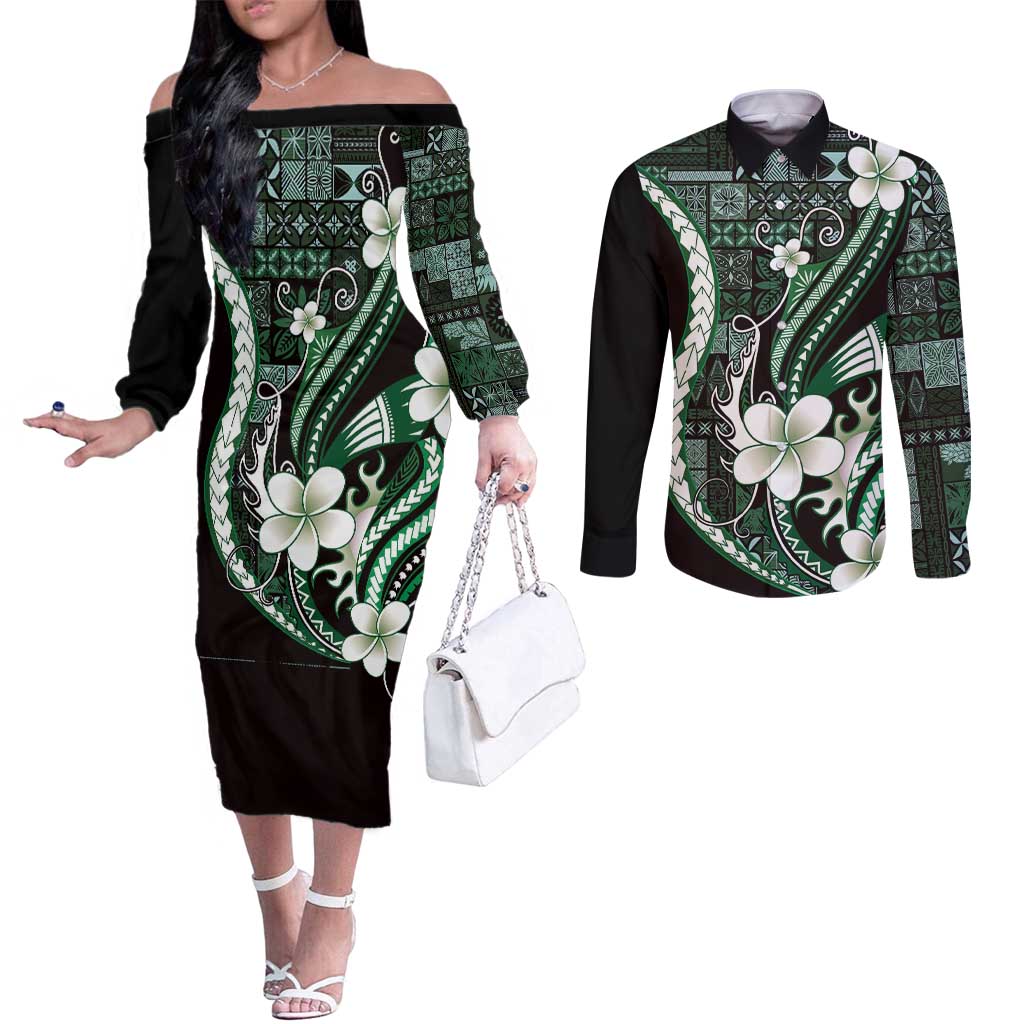 Samoa Siapo Tribal Pattern Couples Matching Off The Shoulder Long Sleeve Dress and Long Sleeve Button Shirt Forest Green Polynesian Plumeria Tapa Motif