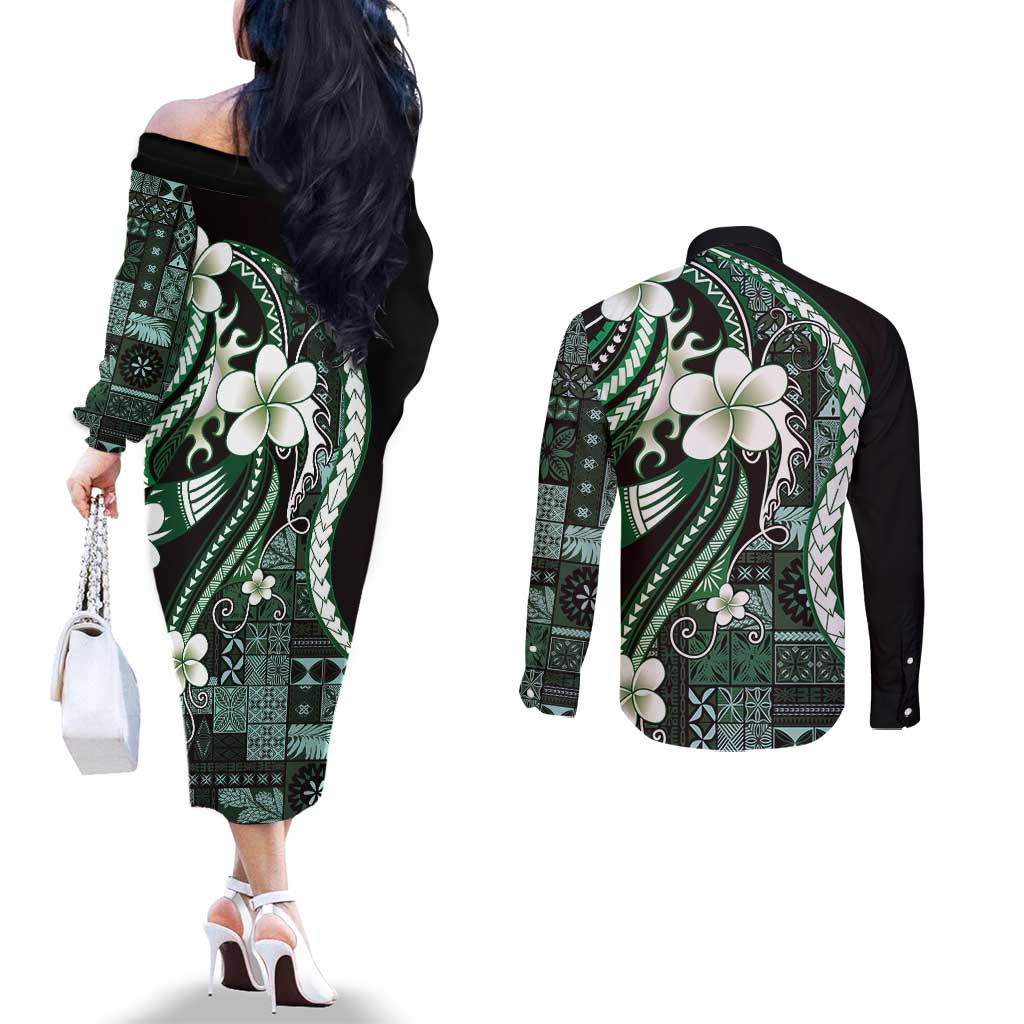 Samoa Siapo Tribal Pattern Couples Matching Off The Shoulder Long Sleeve Dress and Long Sleeve Button Shirt Forest Green Polynesian Plumeria Tapa Motif