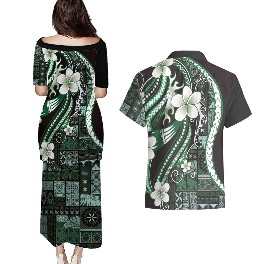 Samoa Siapo Tribal Pattern Couples Matching Puletasi and Hawaiian Shirt Forest Green Polynesian Plumeria Tapa Motif