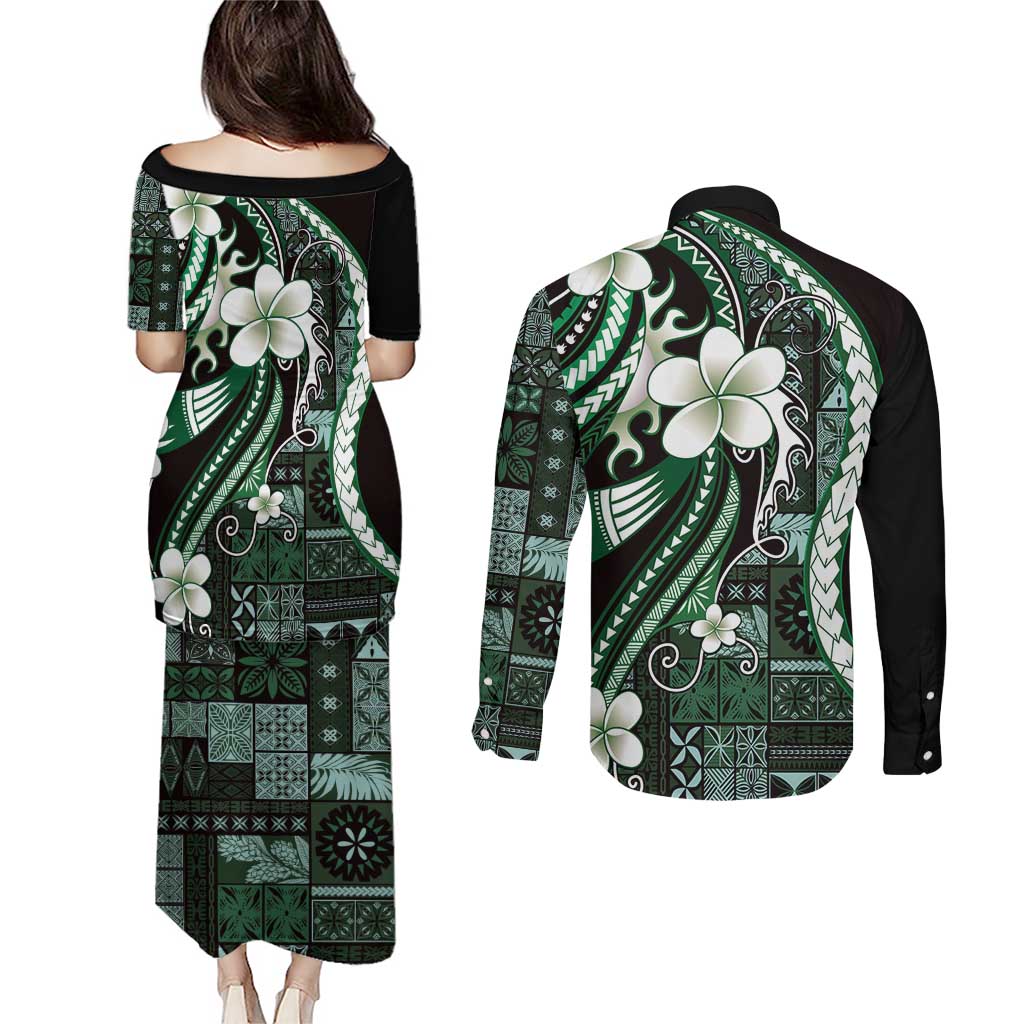Samoa Siapo Tribal Pattern Couples Matching Puletasi and Long Sleeve Button Shirt Forest Green Polynesian Plumeria Tapa Motif