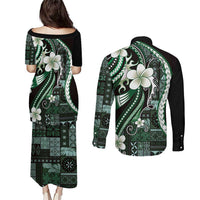 Samoa Siapo Tribal Pattern Couples Matching Puletasi and Long Sleeve Button Shirt Forest Green Polynesian Plumeria Tapa Motif