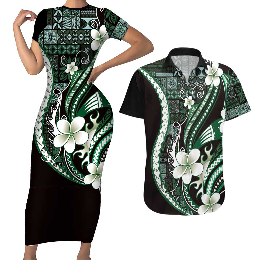 Samoa Siapo Tribal Pattern Couples Matching Short Sleeve Bodycon Dress and Hawaiian Shirt Forest Green Polynesian Plumeria Tapa Motif