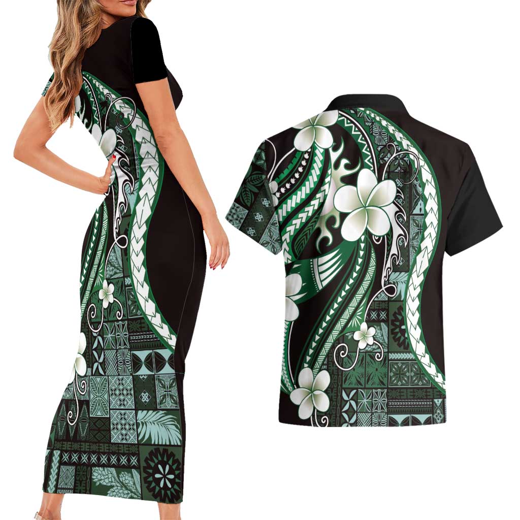 Samoa Siapo Tribal Pattern Couples Matching Short Sleeve Bodycon Dress and Hawaiian Shirt Forest Green Polynesian Plumeria Tapa Motif