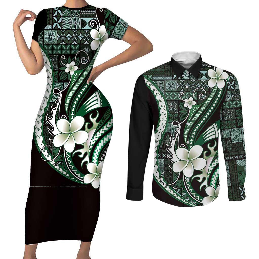 Samoa Siapo Tribal Pattern Couples Matching Short Sleeve Bodycon Dress and Long Sleeve Button Shirt Forest Green Polynesian Plumeria Tapa Motif