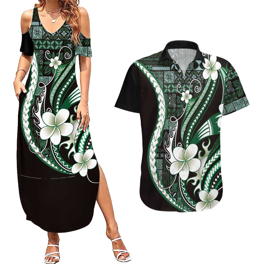 Samoa Siapo Tribal Pattern Couples Matching Summer Maxi Dress and Hawaiian Shirt Forest Green Polynesian Plumeria Tapa Motif