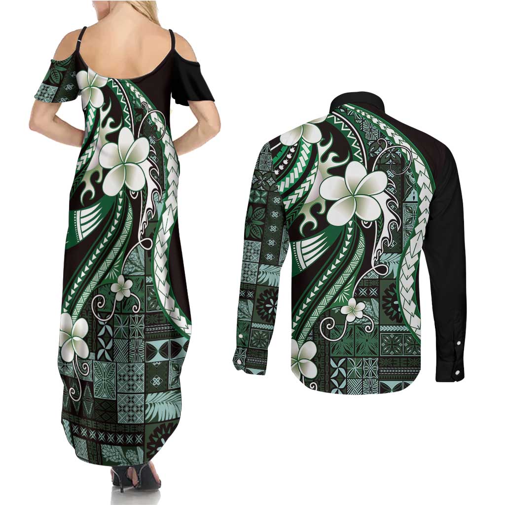 Samoa Siapo Tribal Pattern Couples Matching Summer Maxi Dress and Long Sleeve Button Shirt Forest Green Polynesian Plumeria Tapa Motif