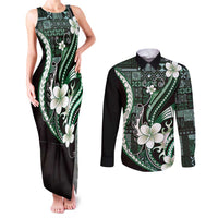 Samoa Siapo Tribal Pattern Couples Matching Tank Maxi Dress and Long Sleeve Button Shirt Forest Green Polynesian Plumeria Tapa Motif