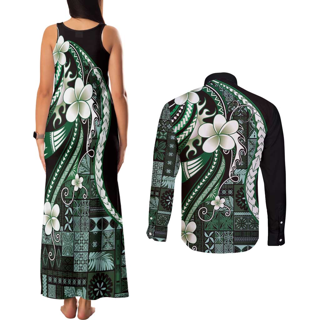 Samoa Siapo Tribal Pattern Couples Matching Tank Maxi Dress and Long Sleeve Button Shirt Forest Green Polynesian Plumeria Tapa Motif